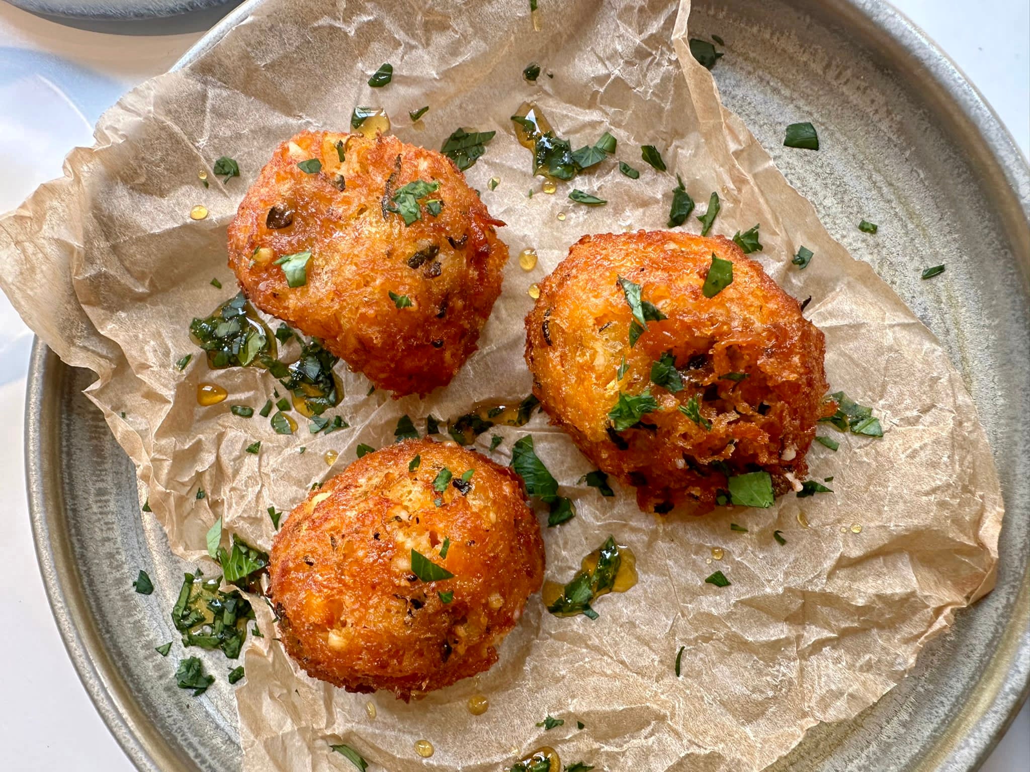 Feta, Courgette & Carrot Fritters, Orange peel Reduction (V) (GF)