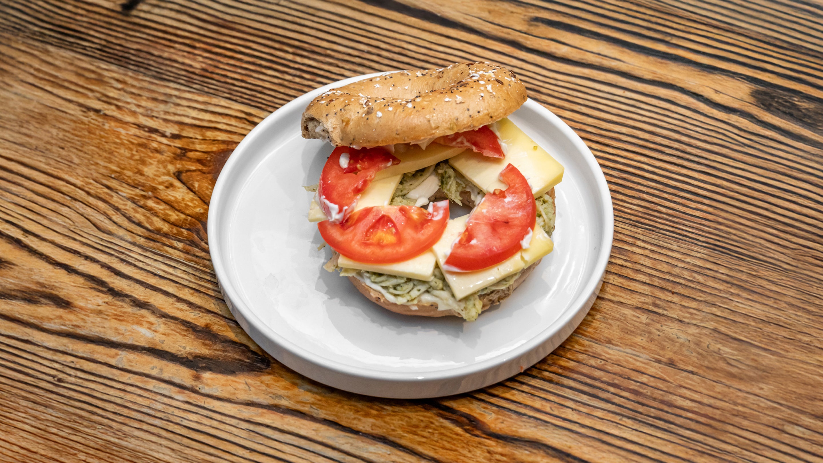 Chicken, pesto, tomato bagel
