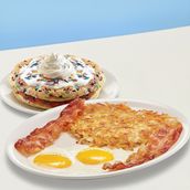 Pancake combo (pick any pancake + 2 eggs your way + 2 bacon or 2 sausages + hashbrowns)