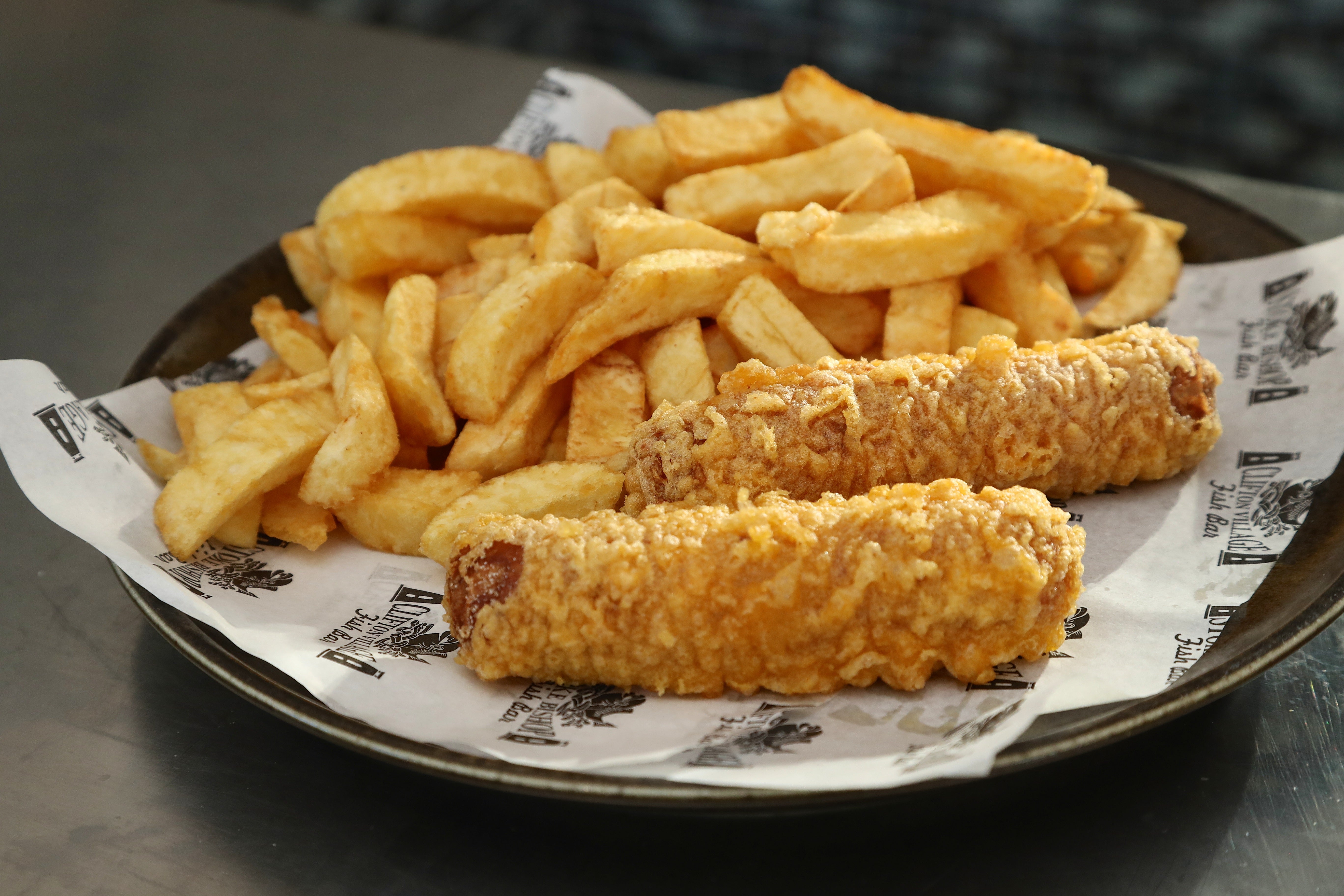 Two Battered Sausages and Chip
