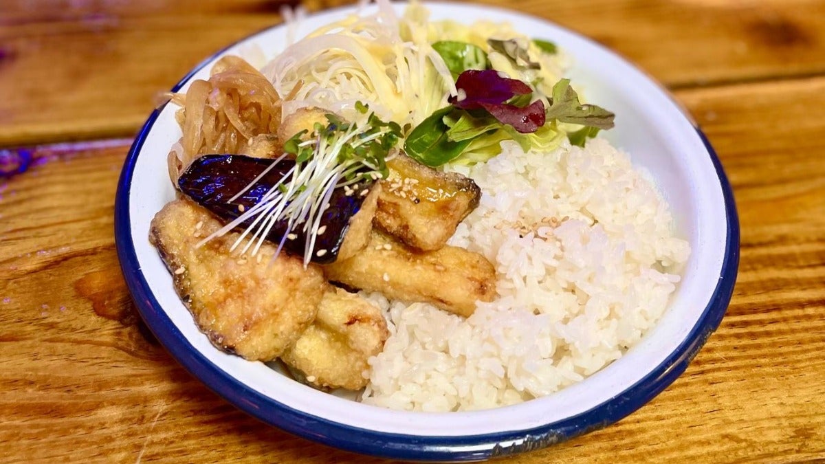 Soy Garlic Fried Aubergine Bento