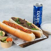 Two Sandwiches With Soft Drink And Rice Pudding 