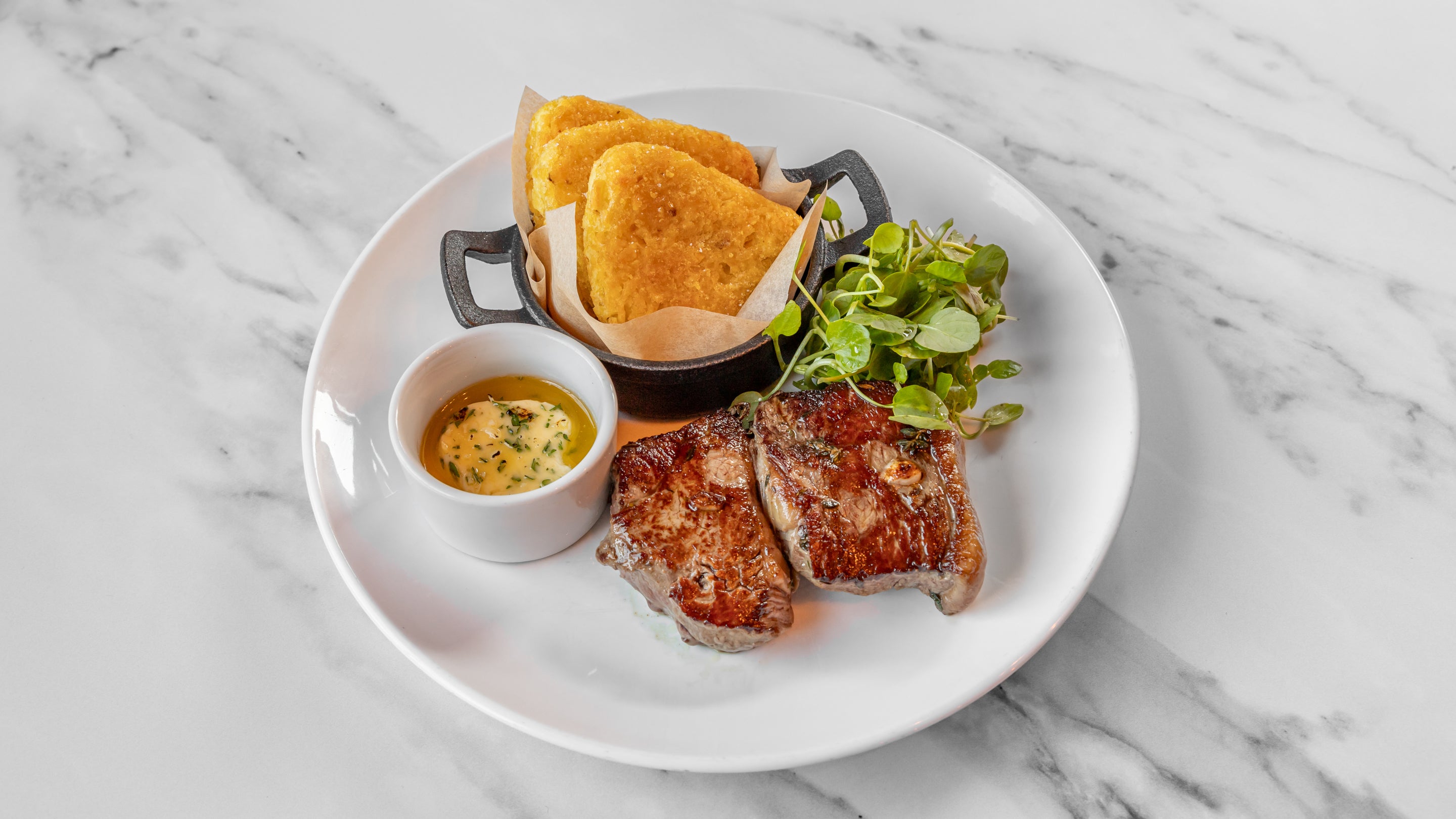 Flat Iron Steak, Hash Browns, Garlic Butter, Watercress