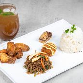 Fried Chicken Wings, Korean Glass Noodles, Chicken Cheese Balls, Oat Revel Bar And Houseblend Tamarind Iced Tea.