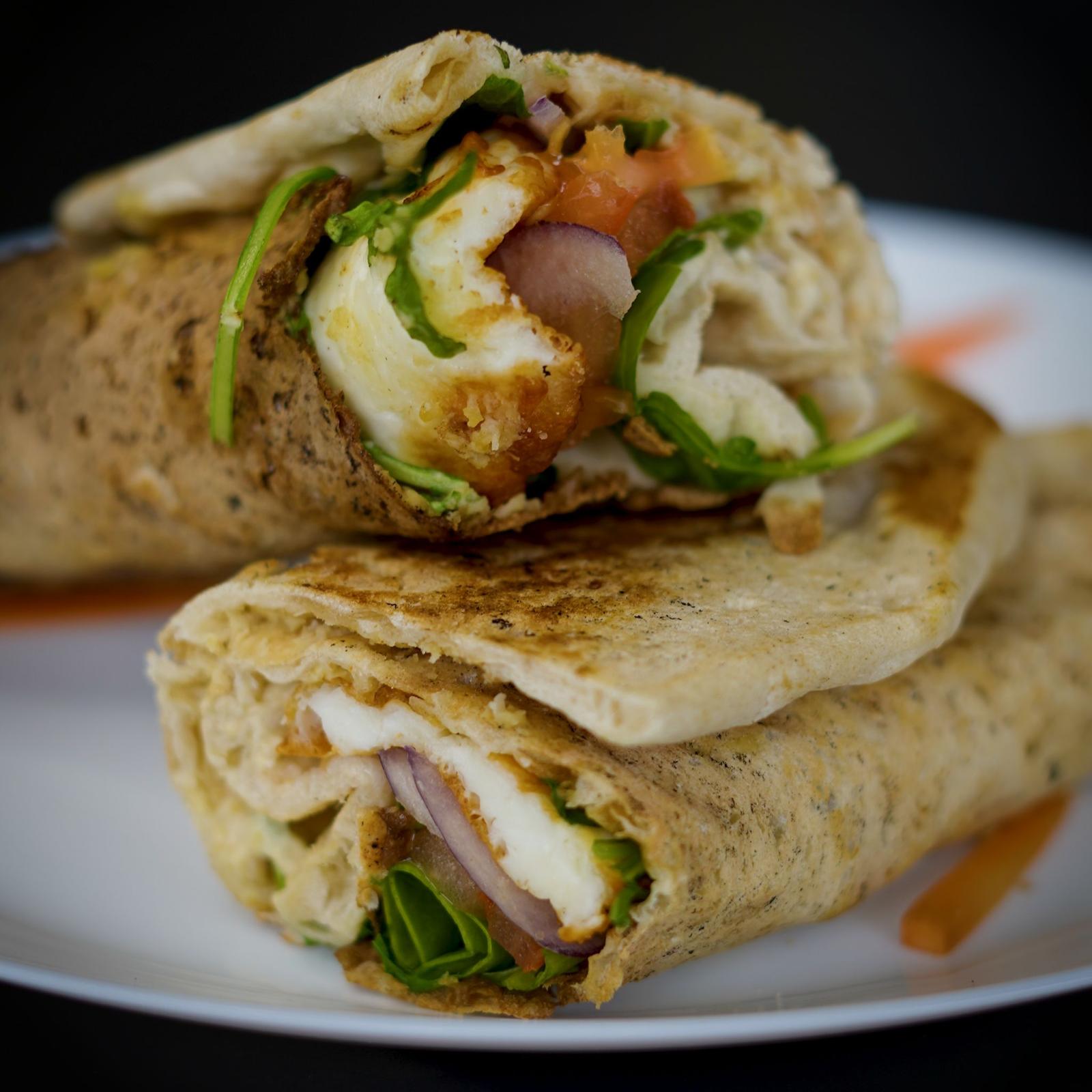 Grilled Halloumi Wrap Served with Sweet Potato Fries - Squeaky Wrap