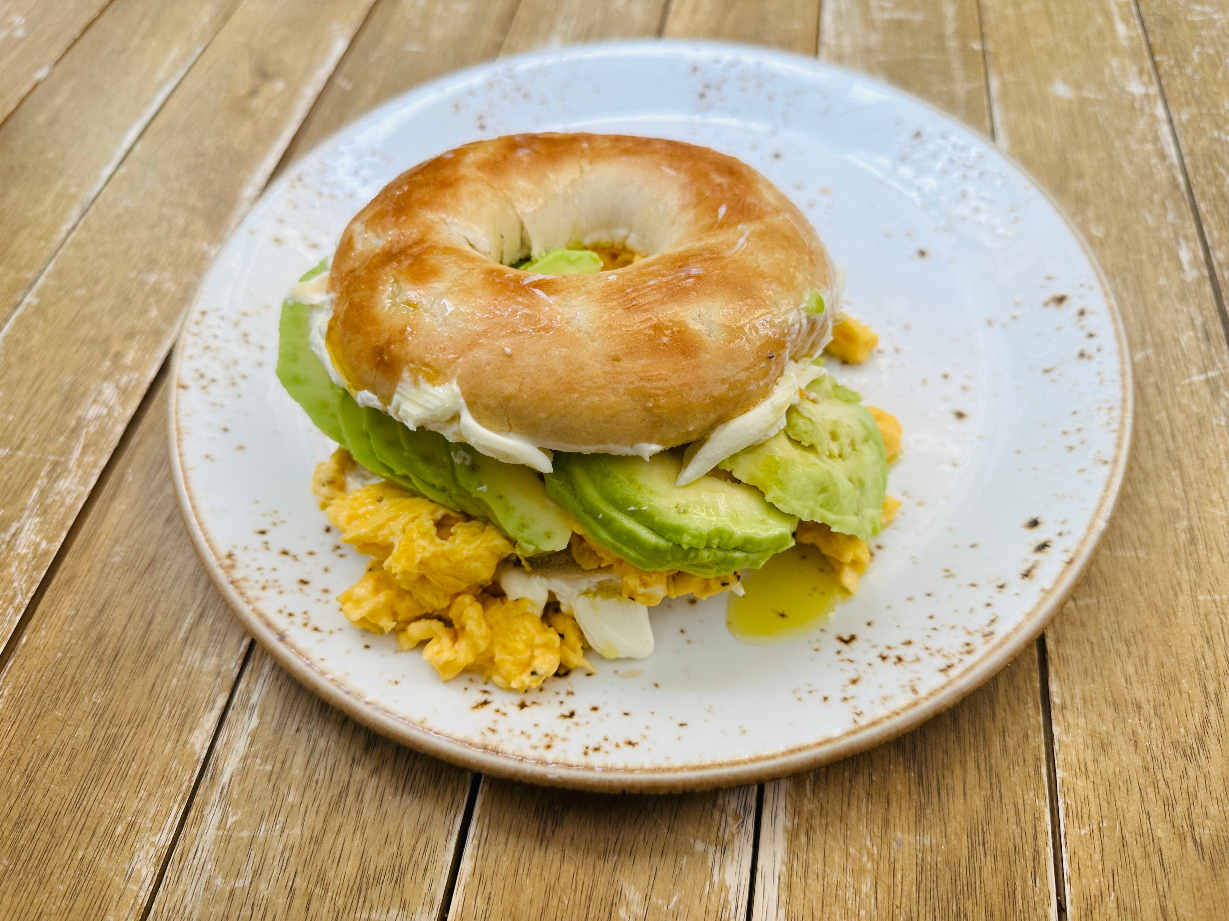 Scrambled eggs and Avocado bagel