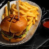 Switch Burger With French Fries And Tomato Ketchup