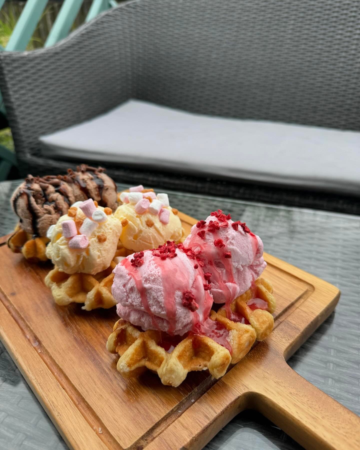 Waffles and Vanilla Ice Cream with a Toffee Sauce