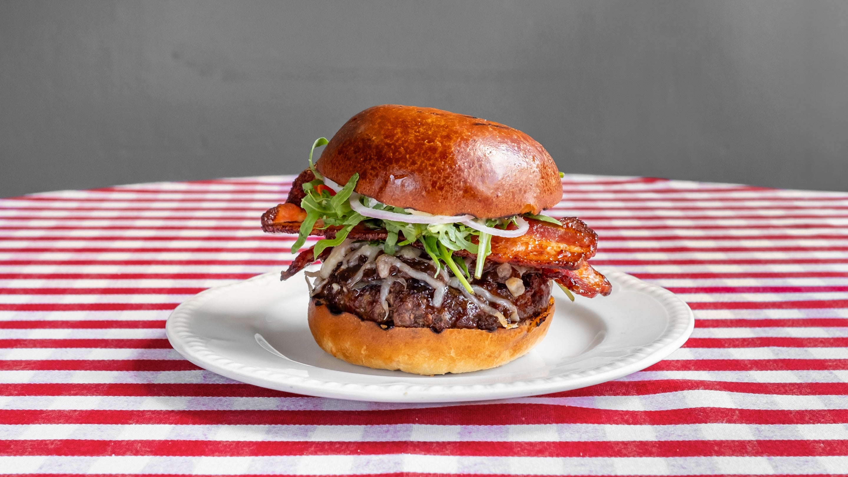 Deluxe Burger - Fully Loaded Bacon & Cheese French Style Hamburger