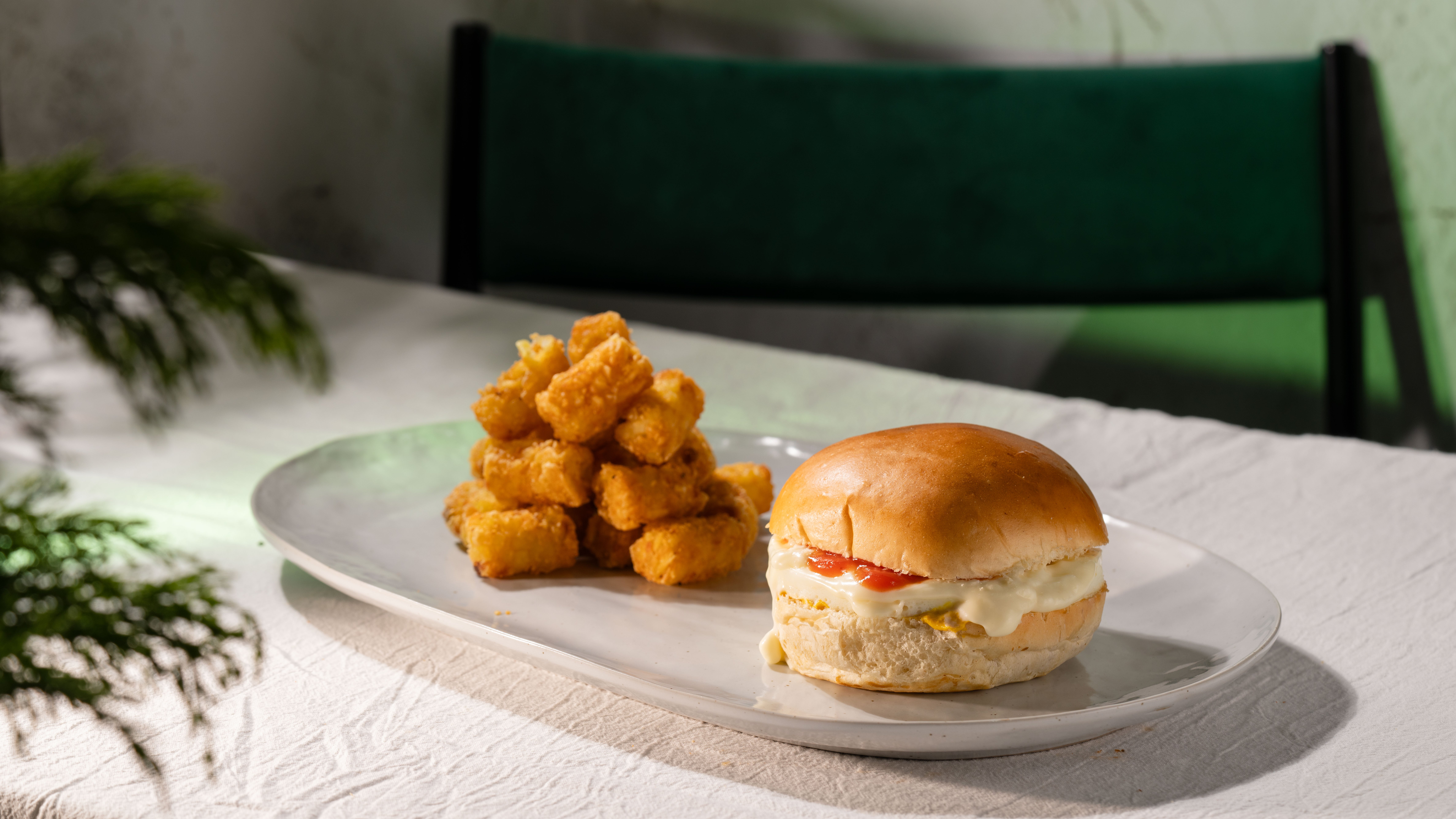 Egg and Cheese Burger + Tots
