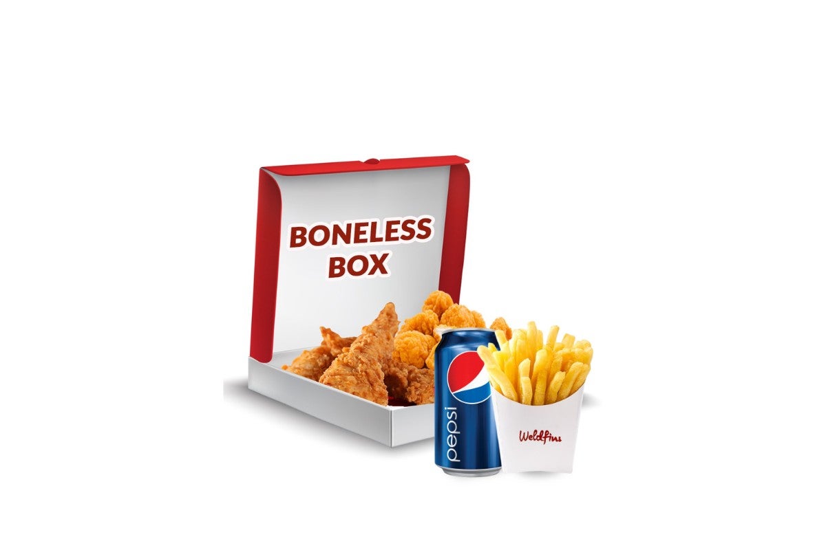Boneless Box Meal (3 Strips, Reg Popcorn, 1 Side, Fries & Drink)