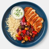 BBQ Chicken Breast With Roasted Veggies And Brown Rice, Served With Creamy Yoghurt Tahini Sauce