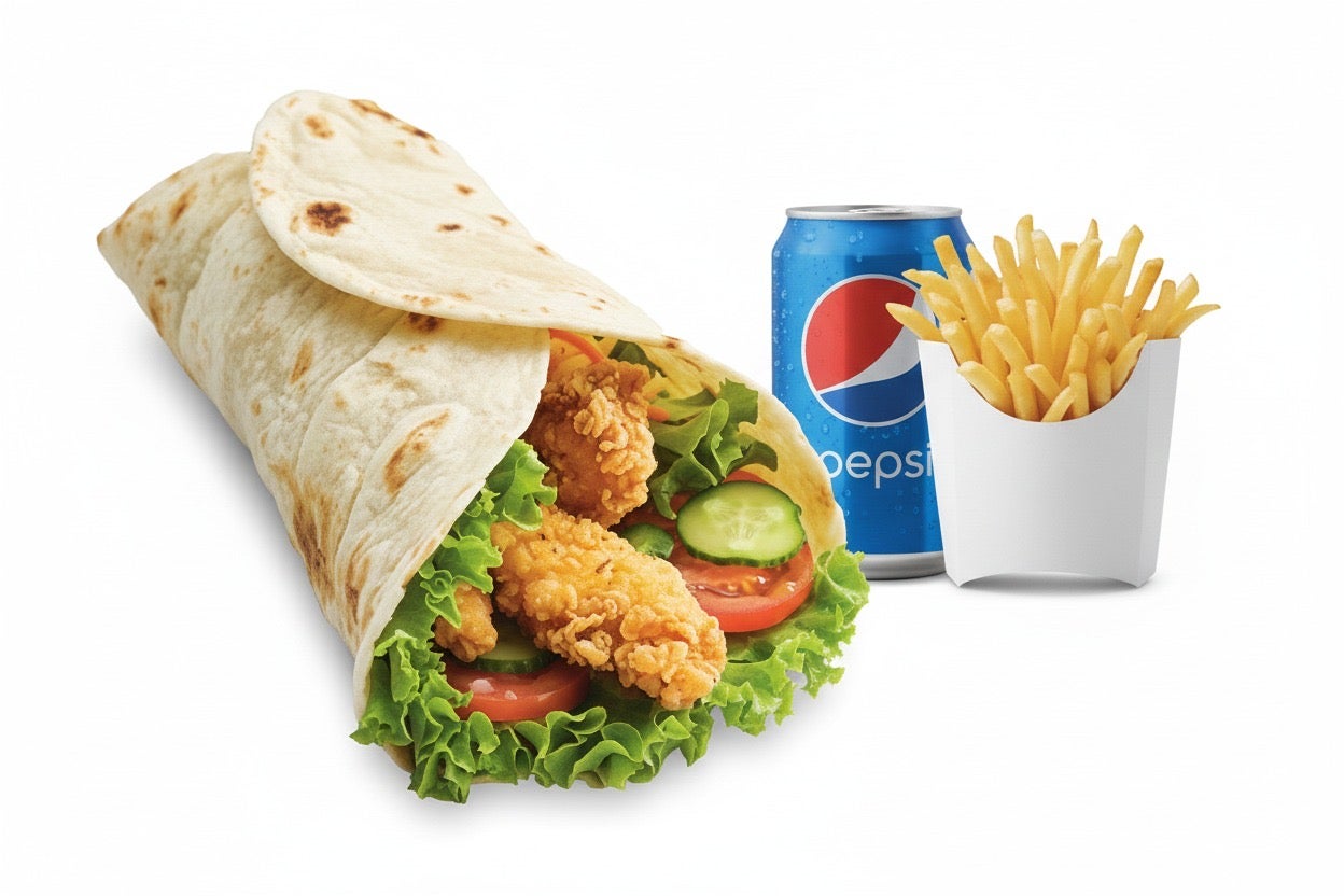 Chicken Wrap, Fries, and Drink