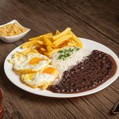 Two Eggs, White Rice, Black Beans and Fries