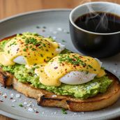 AVOCADO BENEDICT TOAST with coffee