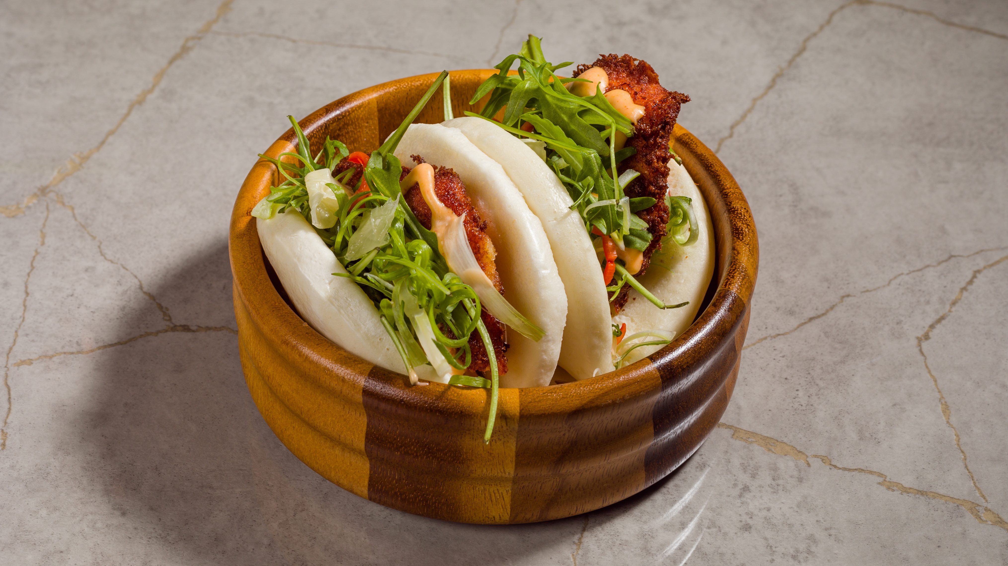 Panko Crusted Fish Bao, Coriander Tartare, Greens