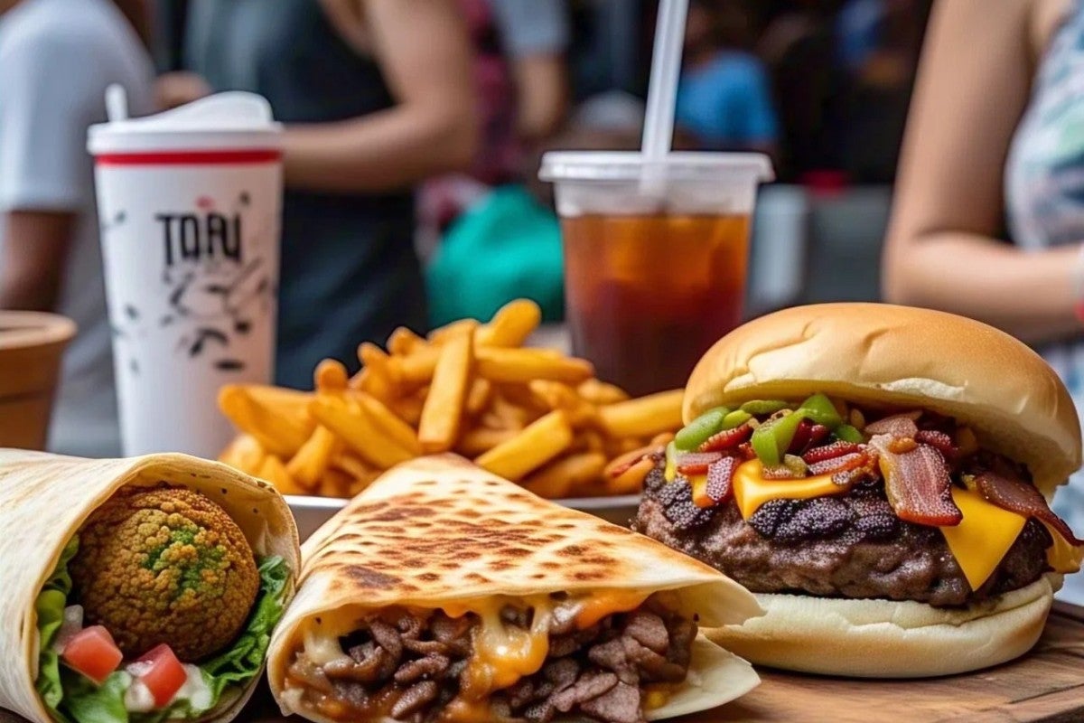 1 Falafel Roti Wrap, 1 Quesadilla, 1 Beef Smash Burger with Fries & 3 Drinks