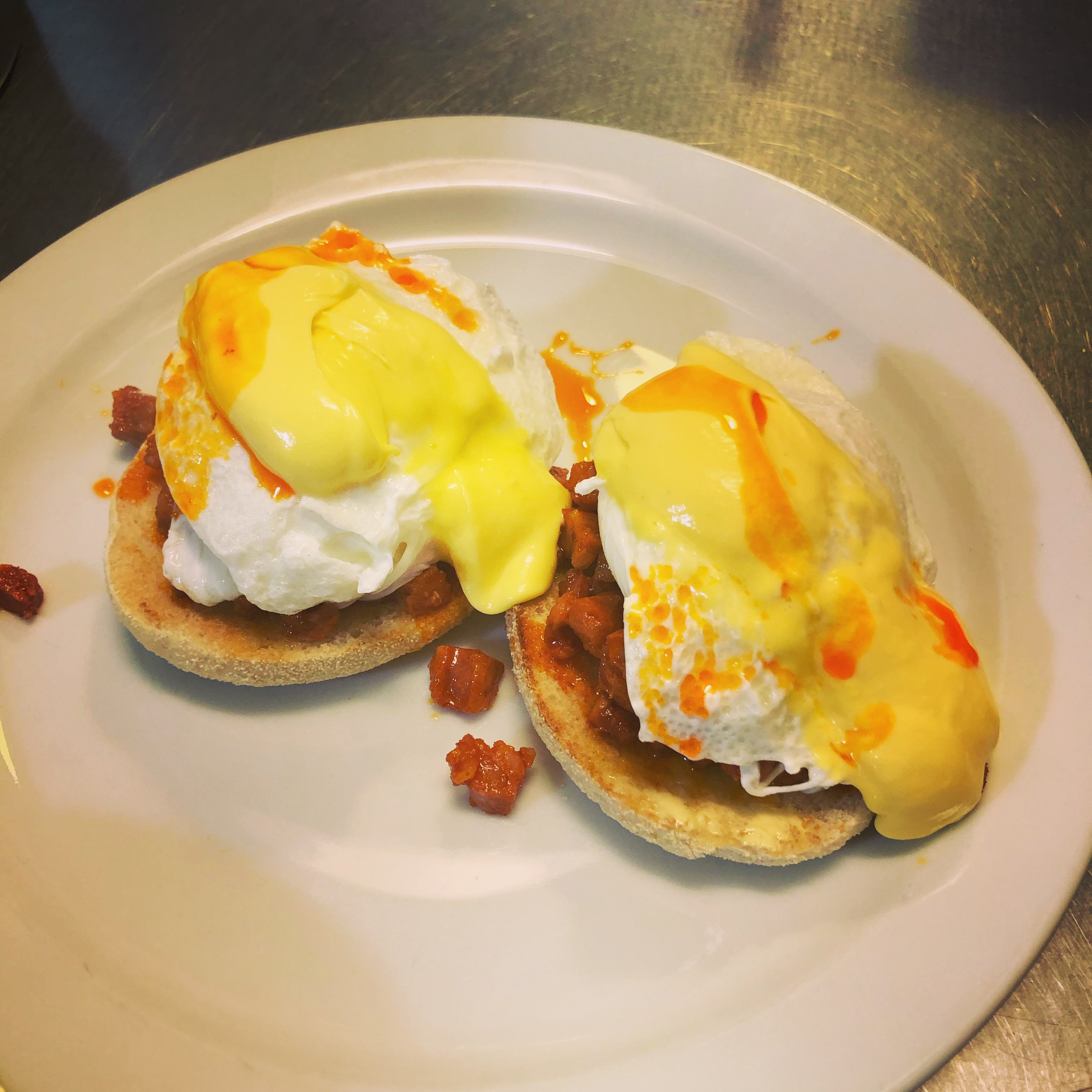 Chorizo Benedict with Chorizo & Chilli Oil