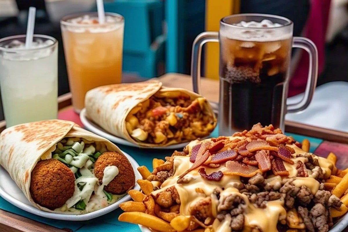 1 Falafel Roti Wrap, 1 Quesadilla, 1 Chicken & Beef Combo Loaded with Fries & 3 Drinks