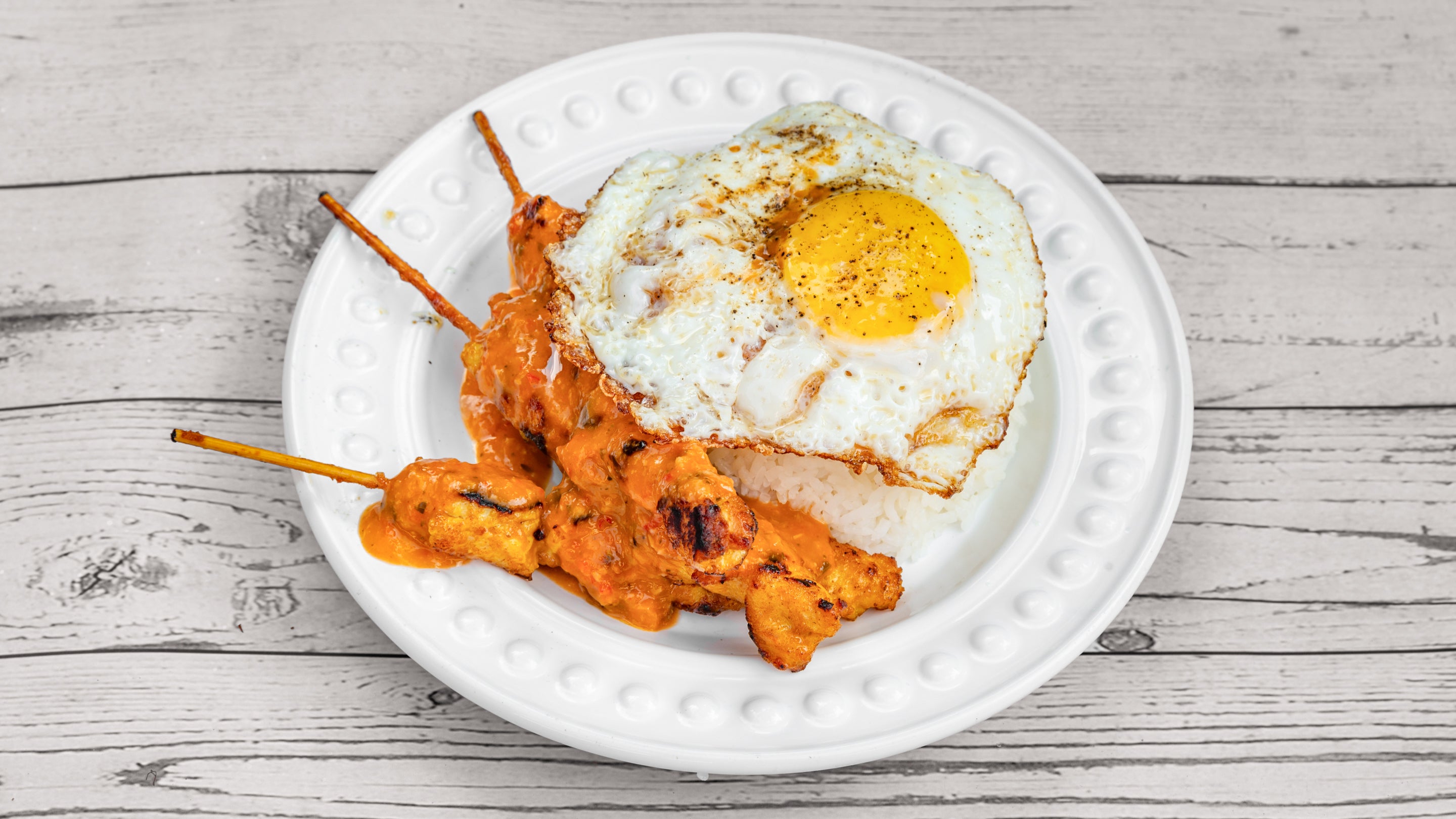Thai Satay Chicken Skewer Rice with Fried egg