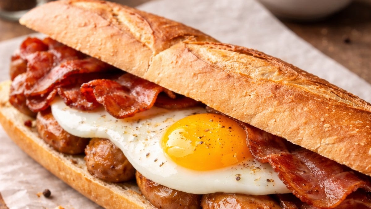 Fried Egg, Bacon and Sausage in Baguette