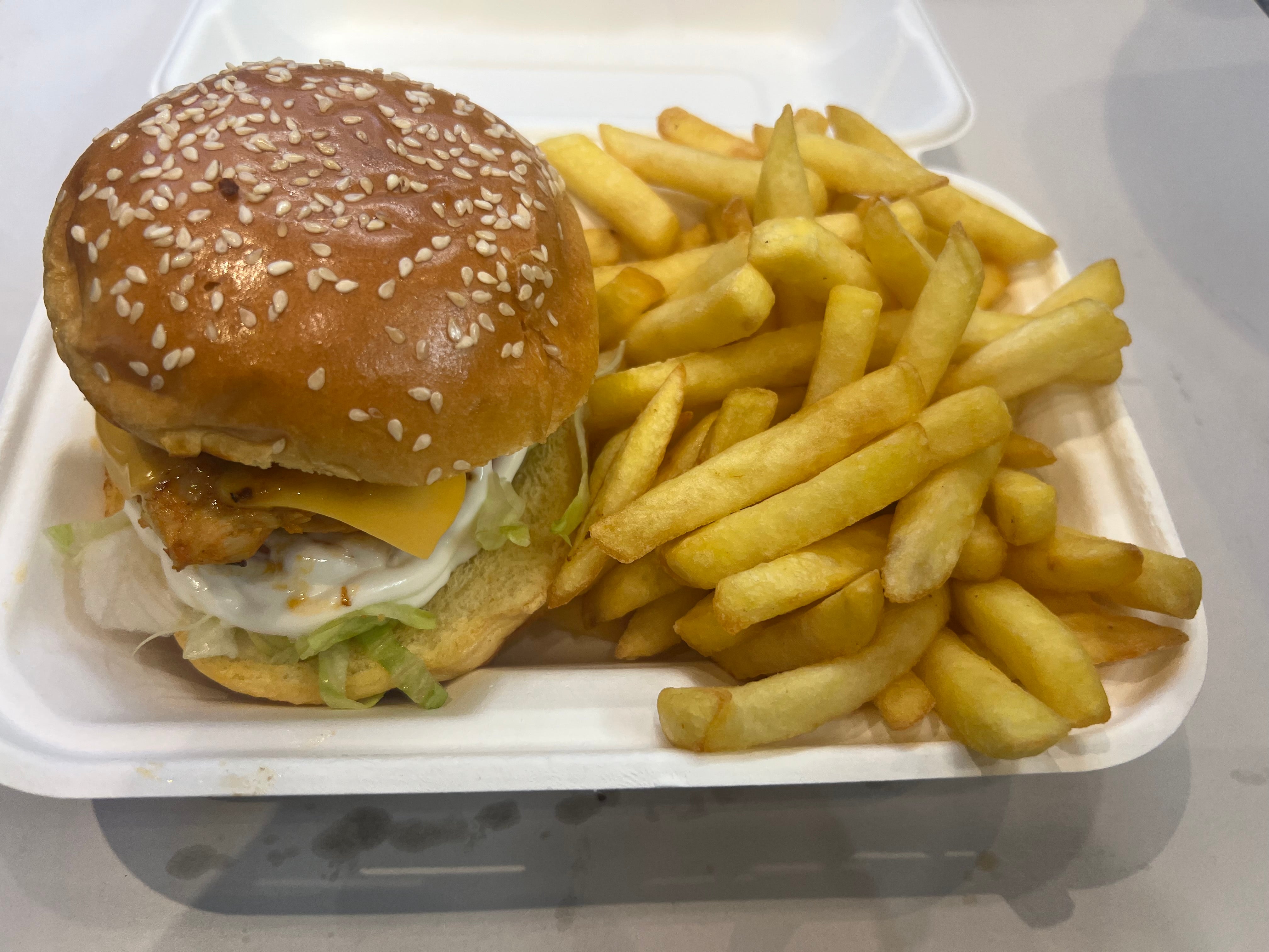 Grilled Chicken Burger and chips