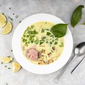 Light Curry Soup With Beef, Fried Potato Cubes And Basil