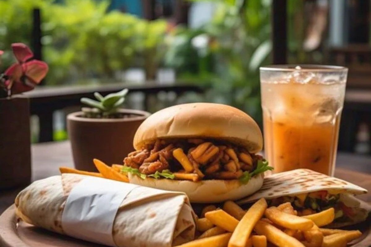 1 Chicken & Beef Roti Wrap, 1 Supreme Chicken Tikka Burger, 1 Chicken Quesadilla, Fries & 3 Drinks