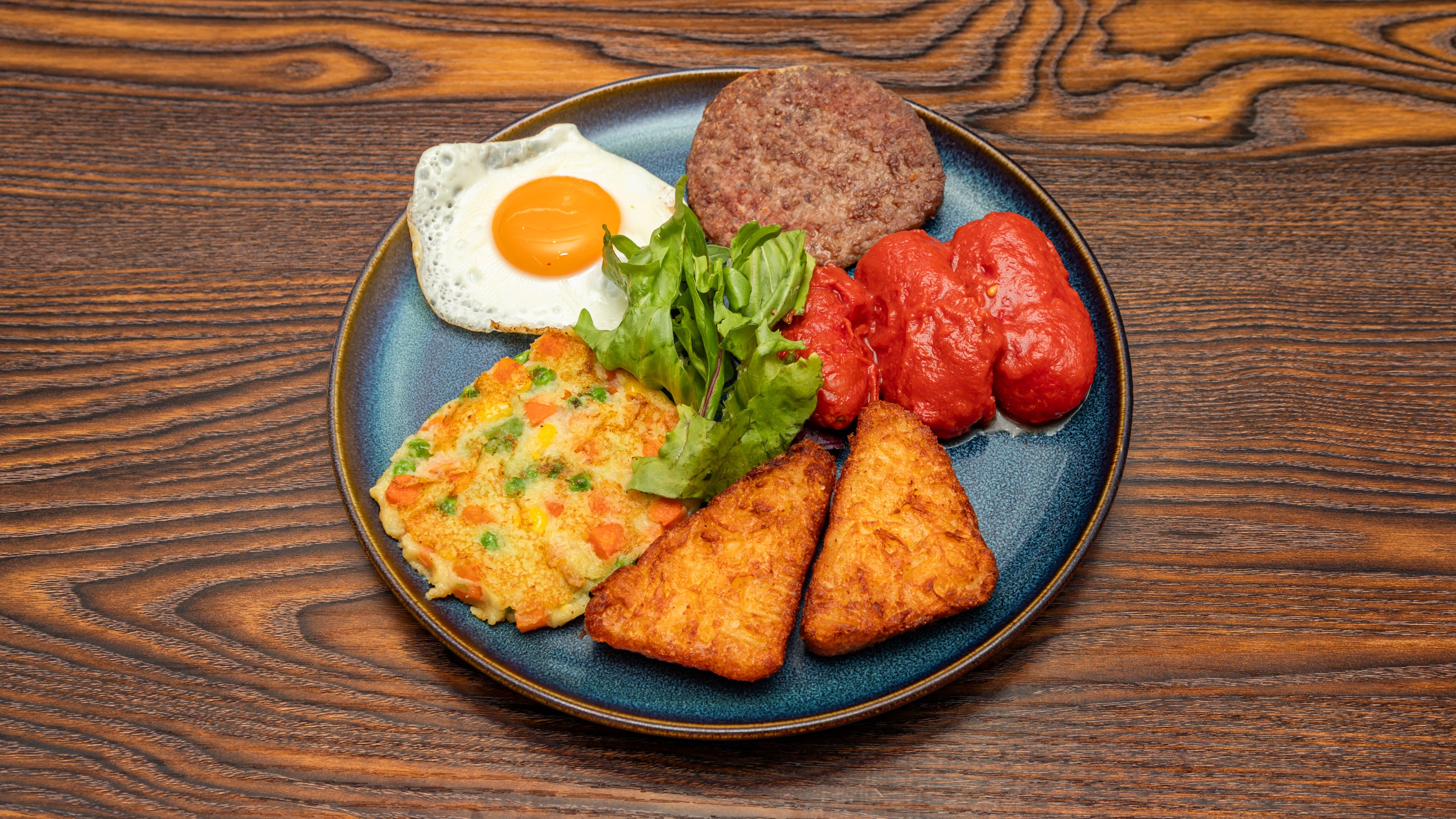 Veggie 2 - Eggs, 2 Hash Browns, Tin Tomato, Bubble Veggie Burger