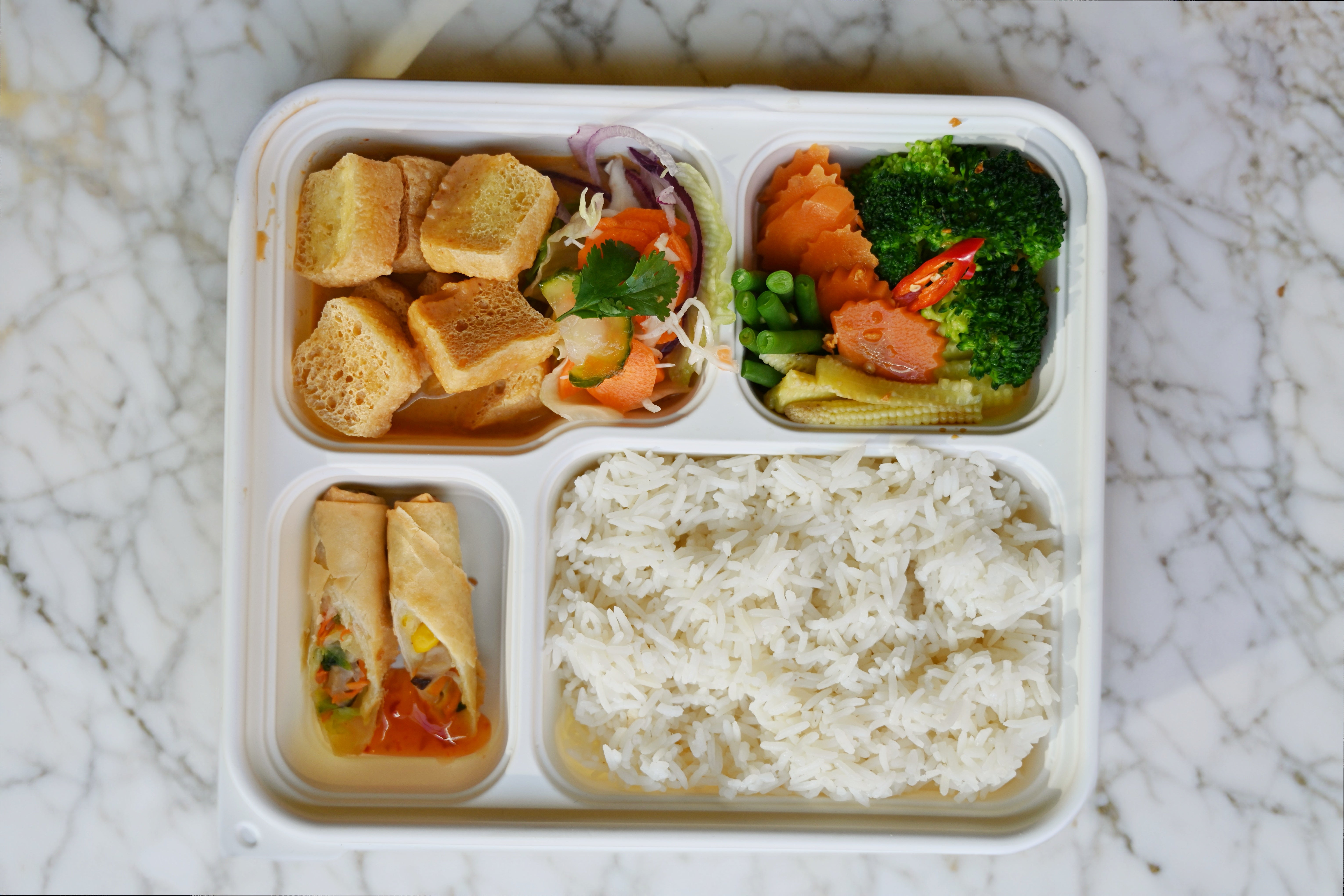 Bento Box - Crispy Tofu/Peanut Sauce and Vegetarian Spring Rolls