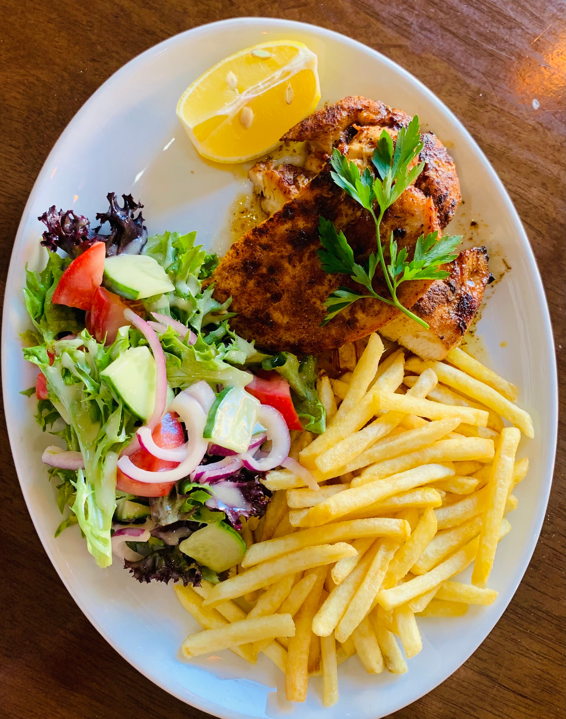Cajun Spiced Chicken Breast, Fries and Salad