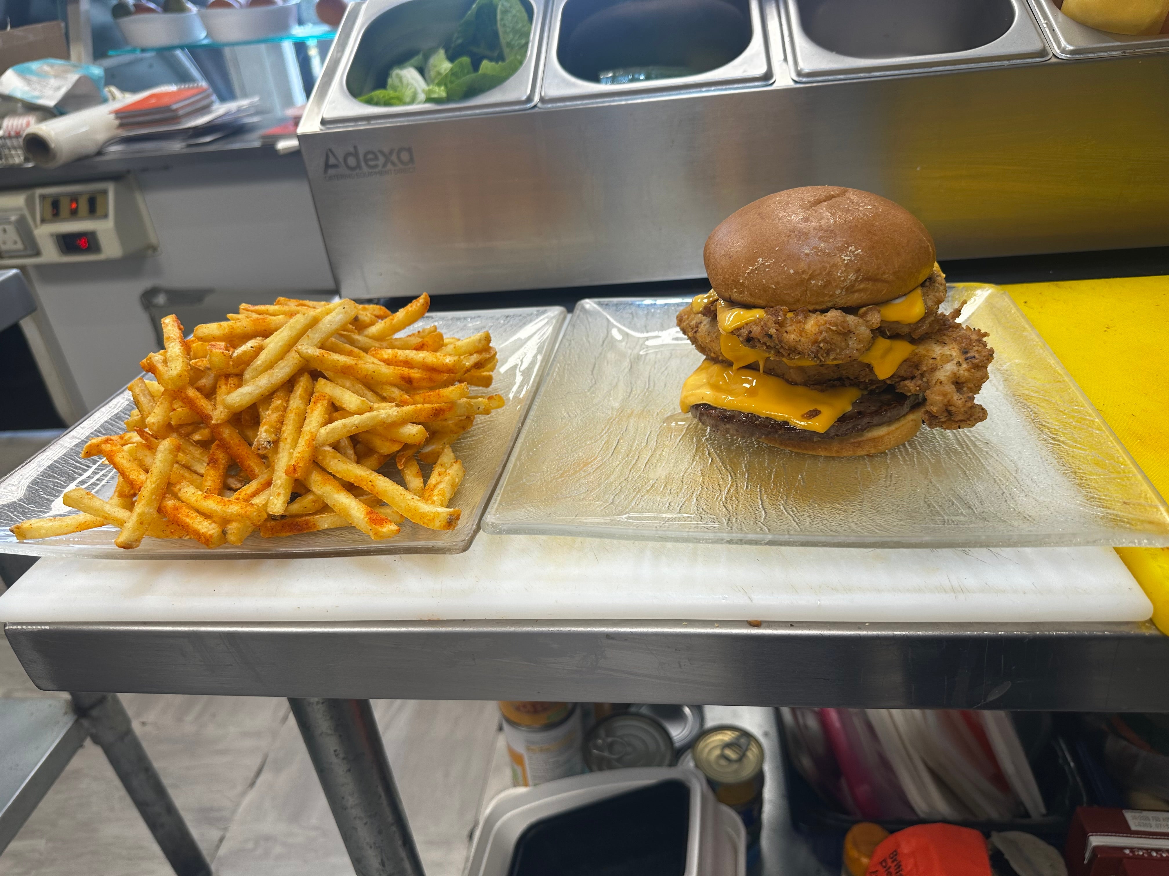 Hot and Spicy Tender Chicken Fillet Burger with fries