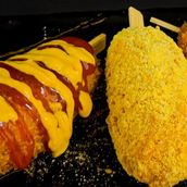 Corndog Chicken Sausage Honey Mustard and Ketchup