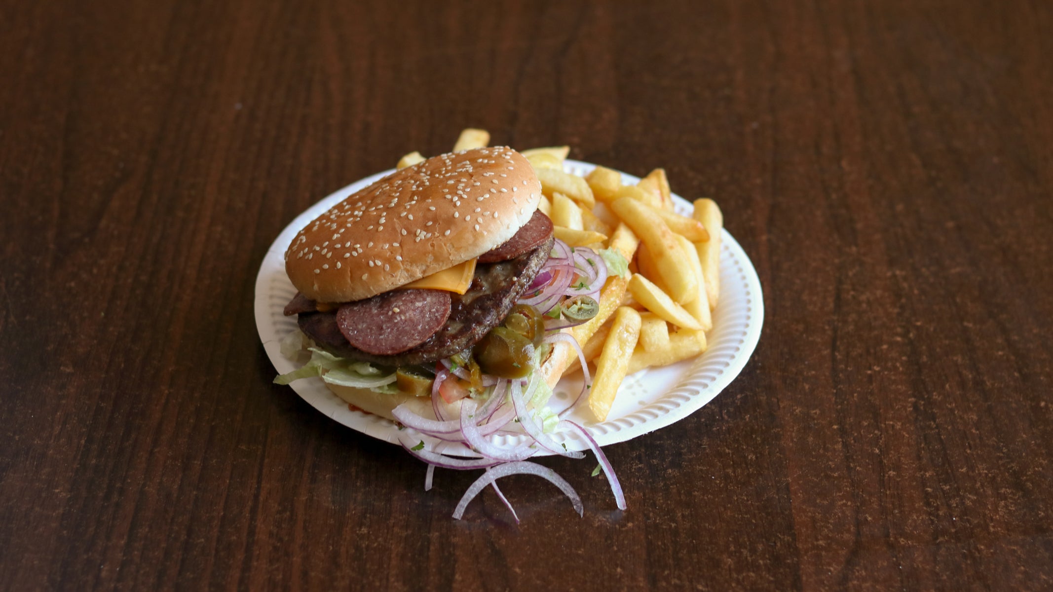 Beef Burger with Cheese, Salami and Chips on the Side