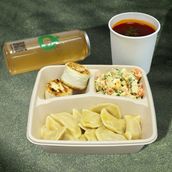 Lunch Box with Cottage Cheese Dumplings, Olivier Salad and Syrniki (вареники с творогом, салат оливье и сырники)