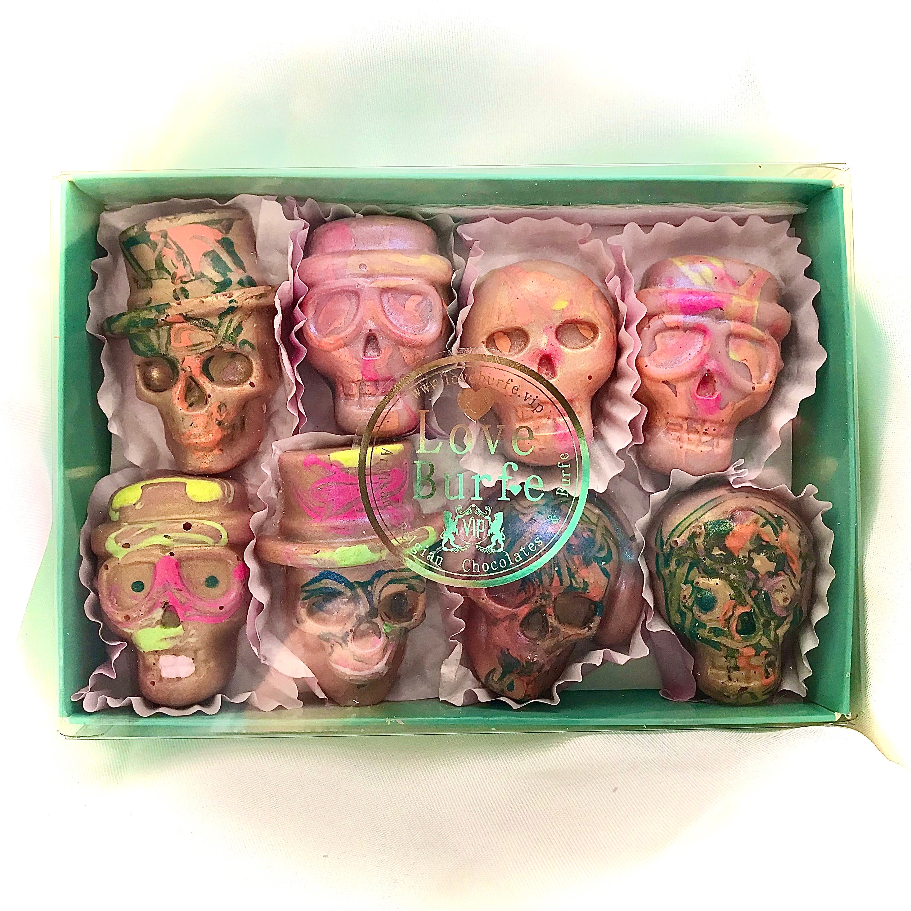 Halloween Skulls - 8 Luxury Belgian Chocolates - Artisan Hand Made and Hand Painted