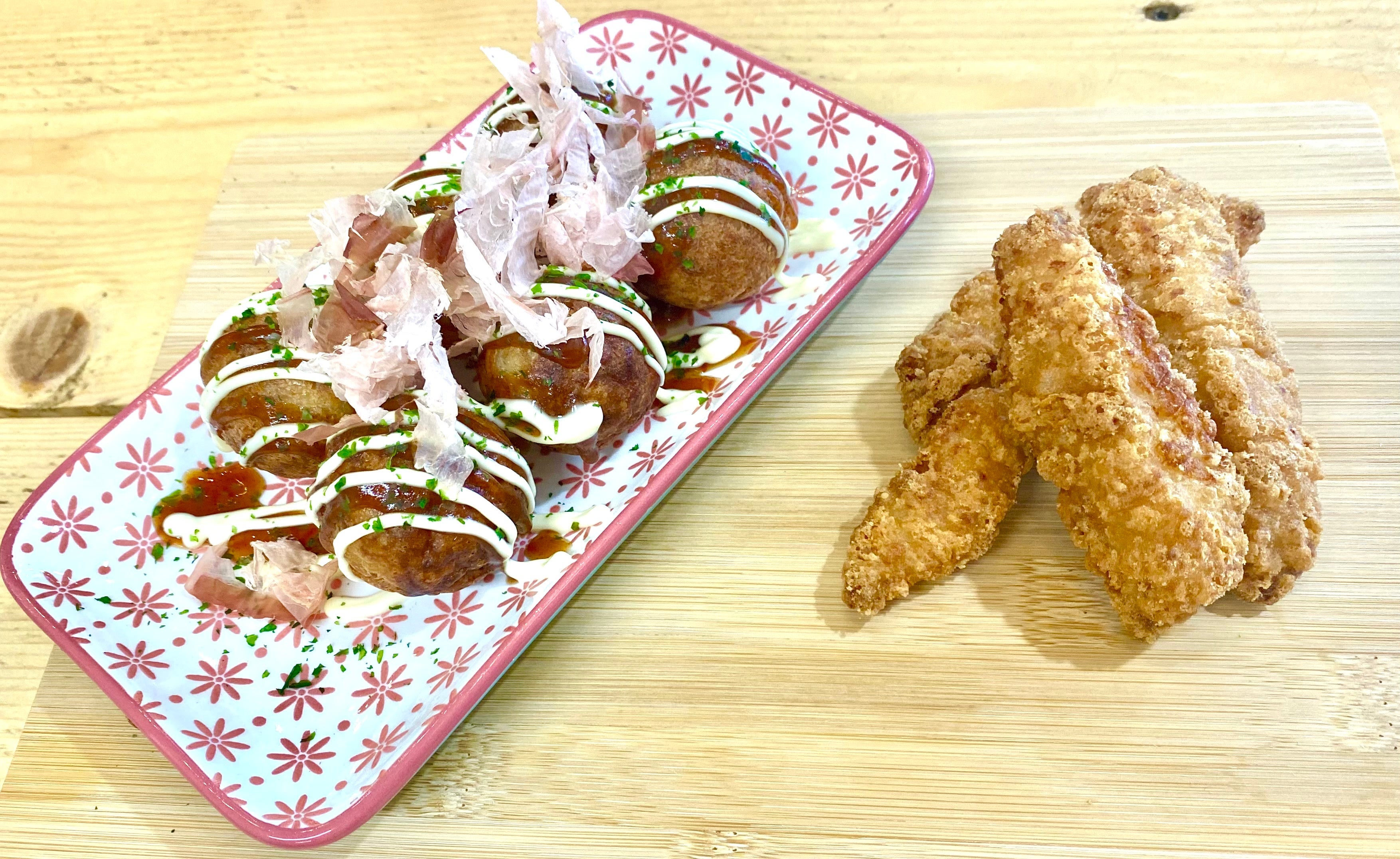 Traditional Takoyaki and Chicken Strips with spicy mayo