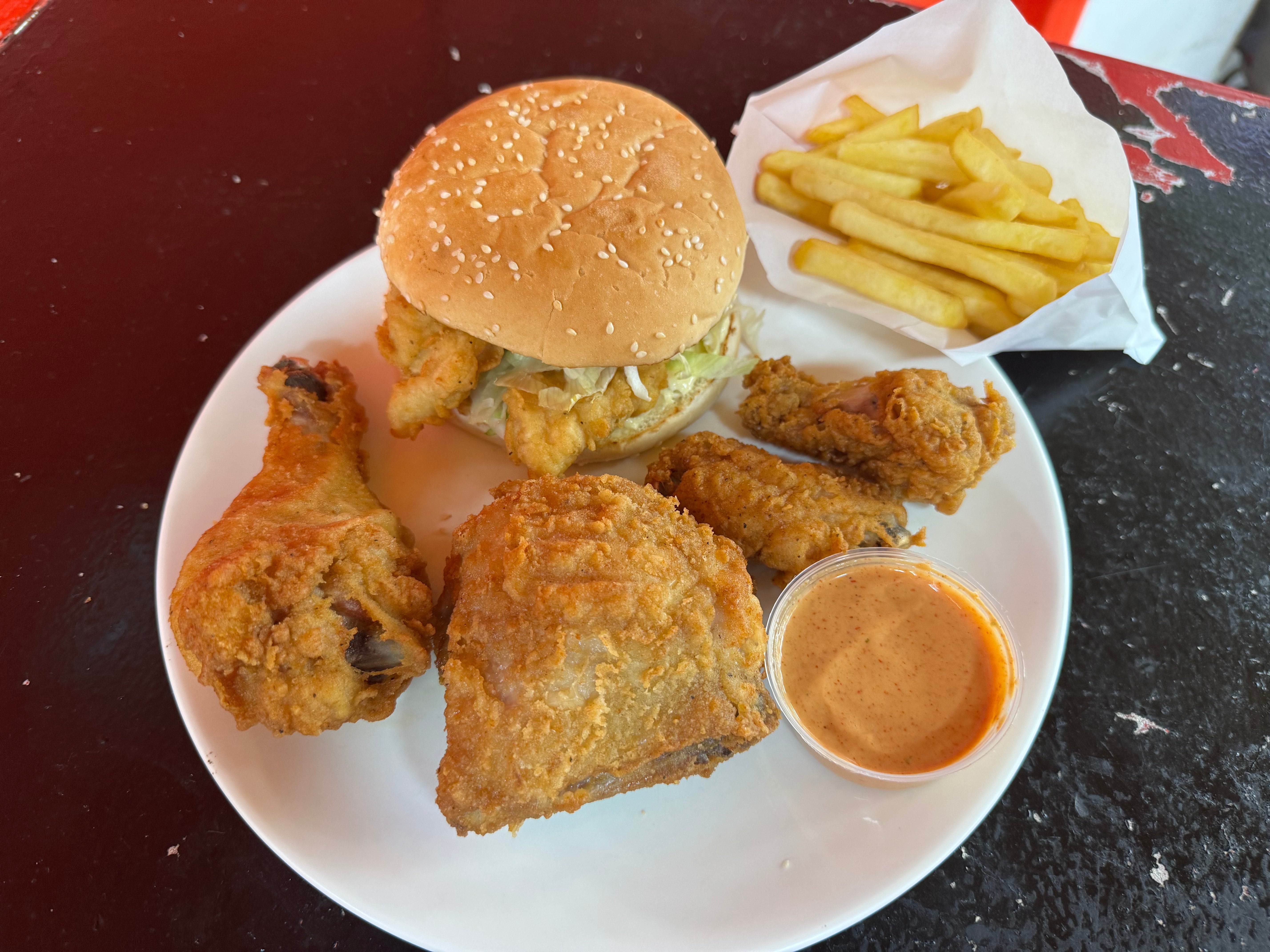 1 Chicken Fillet Burger, 2 Piece Chicken, 2 Spicy Wings, 1 Regular Fries, and 1 Special Chilli Sauce