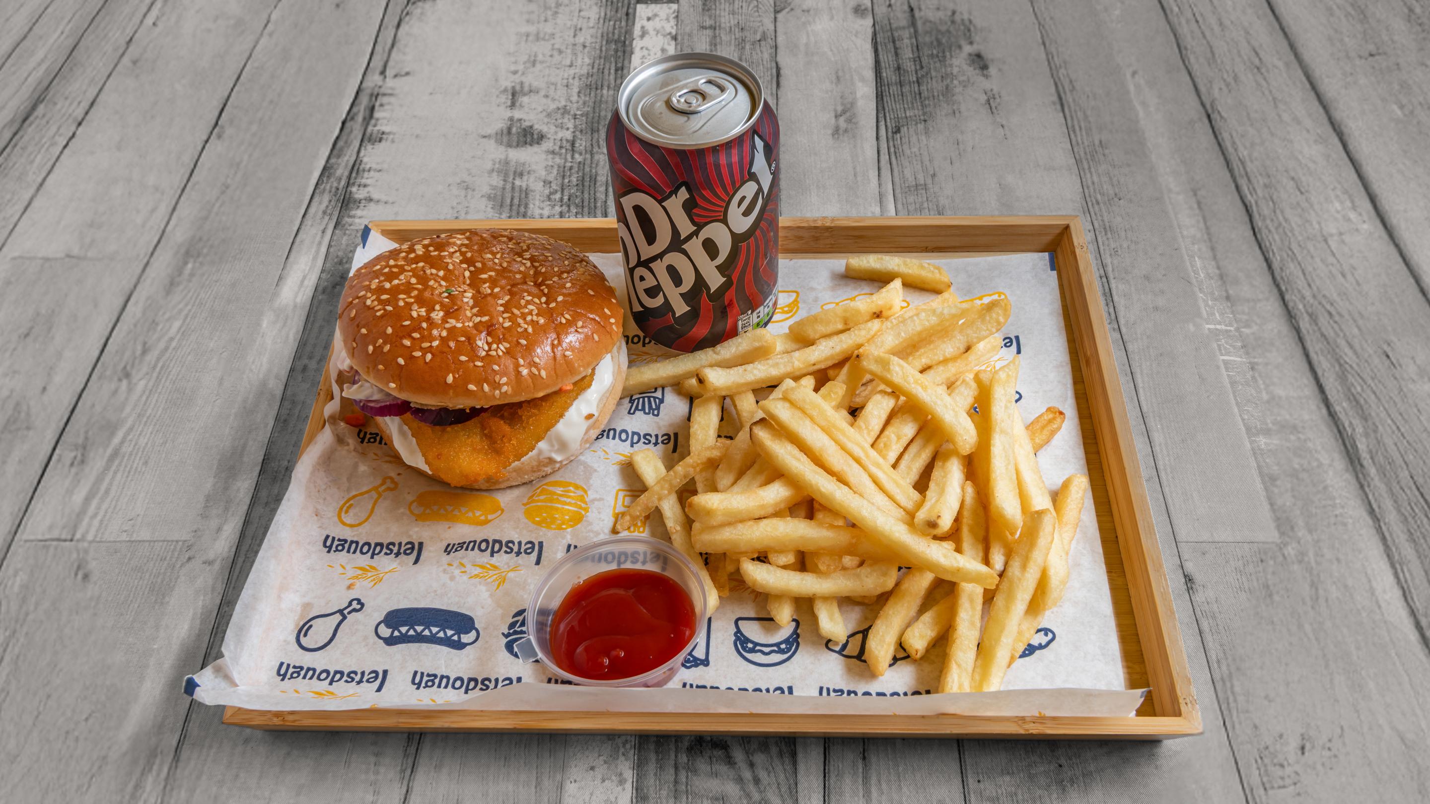 Fish Burger with Chips and Drinks