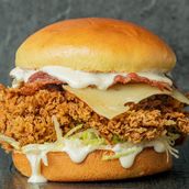 Swiss N Beef Bacon Fried Chicken Burger