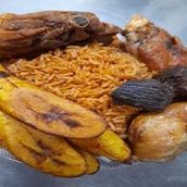 Jollof rice with fried (turkey, chicken, beef & plantain)