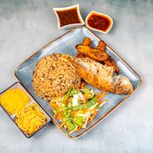 Waakye & Fish Plantain Gari & Spag