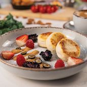 Home Made Syrniki (Cottage Cheese Pancakes) with Berries & Cream
