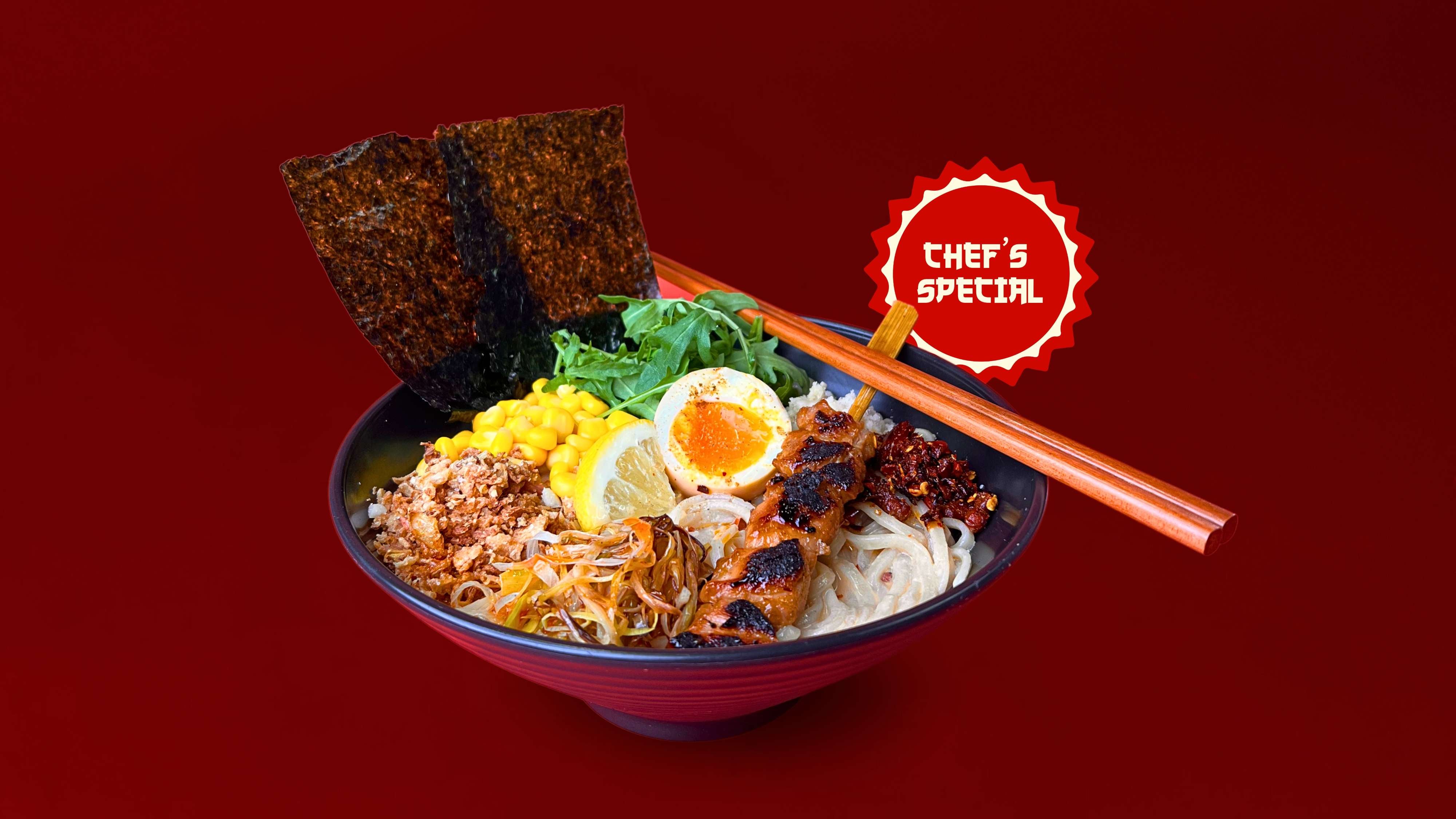 Spicy Soupy Ramen with Teriyaki Chicken Skewer