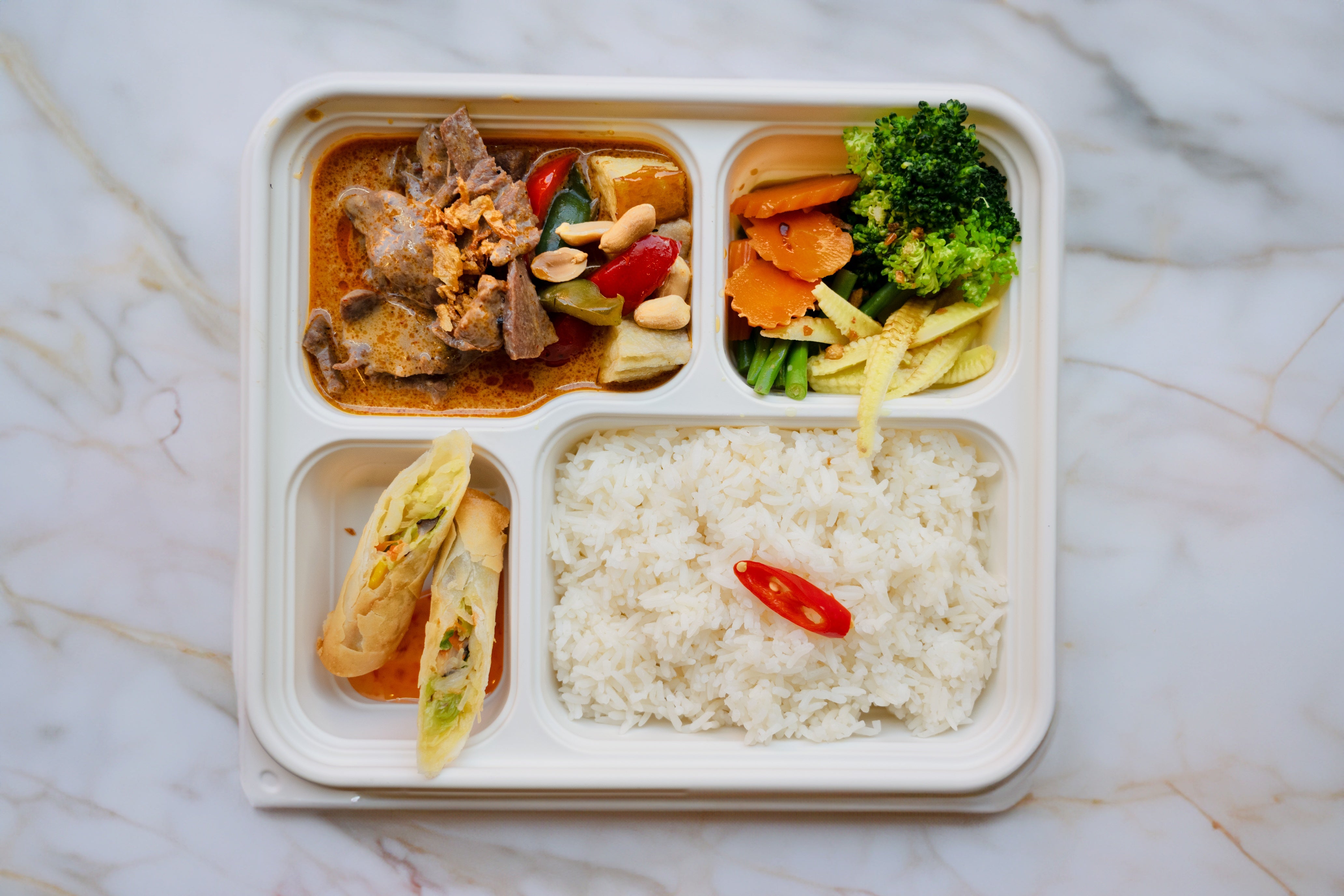 Bento Box - Beef Massaman and Vegetarian Spring Rolls
