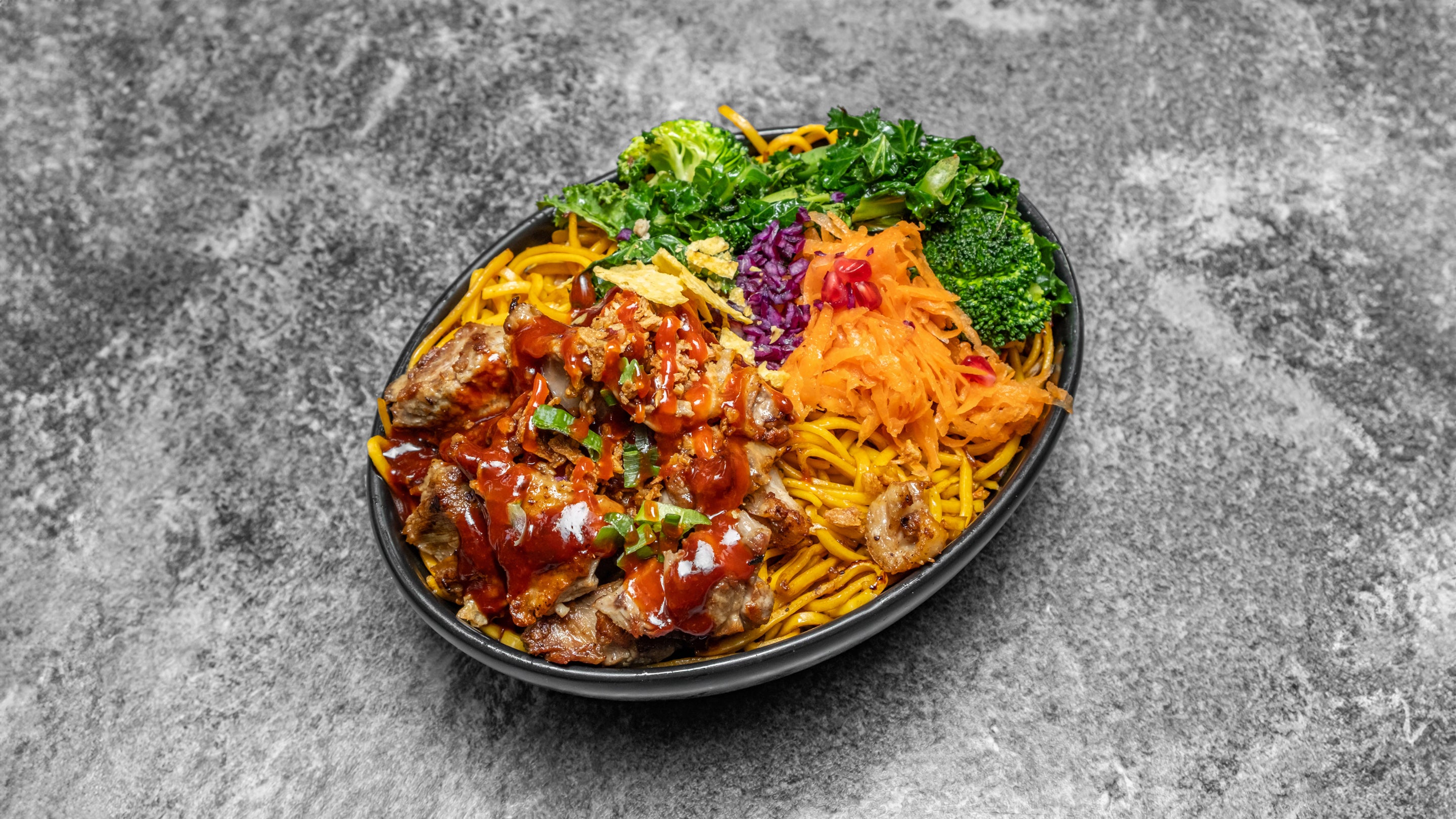 Roasted duck fried noodle with stir-fry vegetables