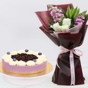 Blueberry Cheesecake 4 Portion White Rose and Pink Matthiola Wrap