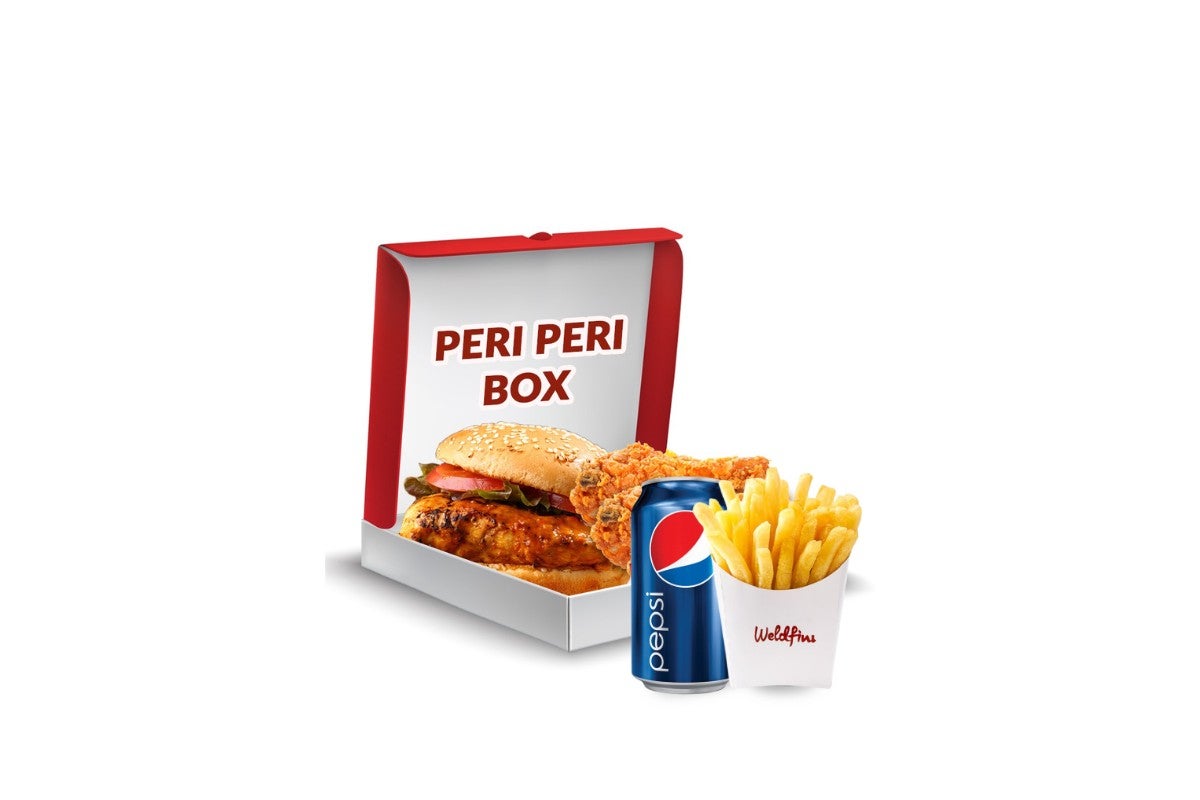Peri Peri Box Meal (1 Peri Peri Burger, 3 Peri Peri Wings, 1 Side, Fries & Drink)