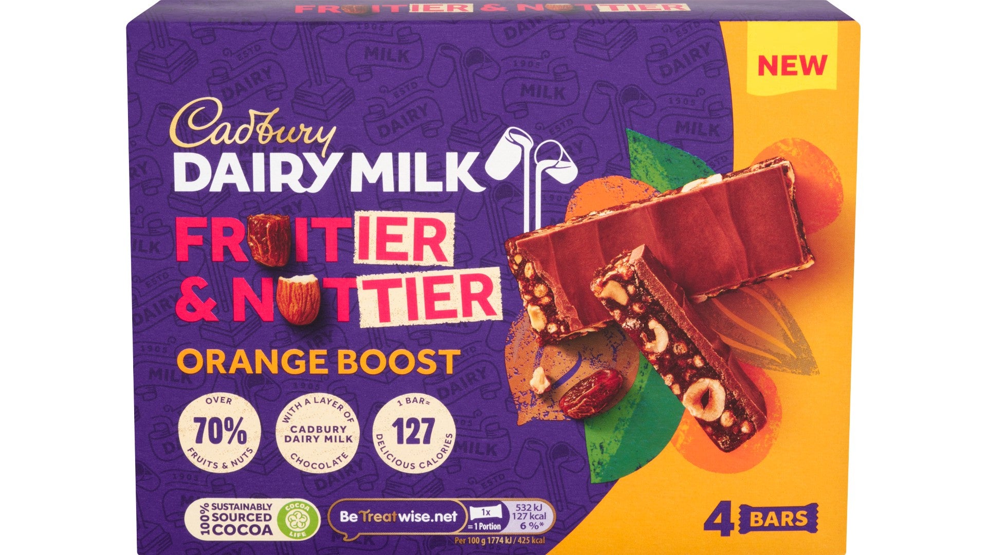 Cadbury Dairy Milk Fruitier & Nuttier Orange Boost Chocolate Bar 4 Pack Multipack 120g