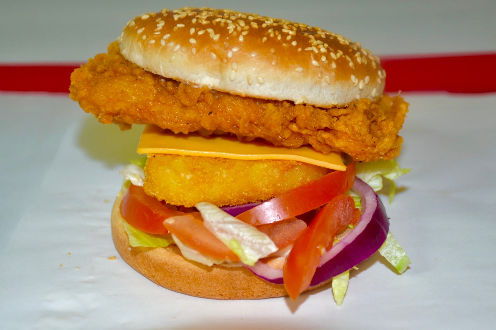 Spicy chicken tower burger